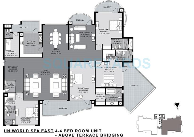 Floor plan of 4 BHK 4101 Sq. Ft. Apartment in Unitech The World Spa, Gurgaon