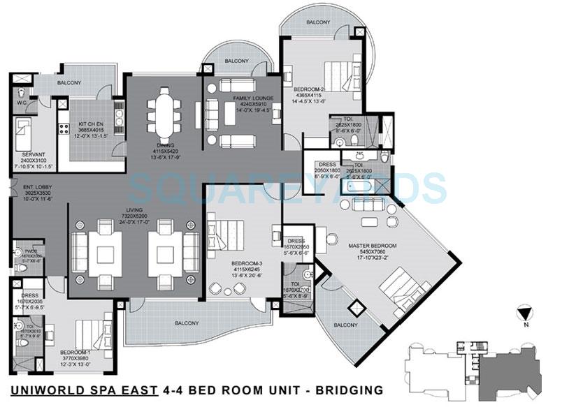 Floor plan of 4 BHK 4499 Sq. Ft. Apartment in Unitech The World Spa, Gurgaon