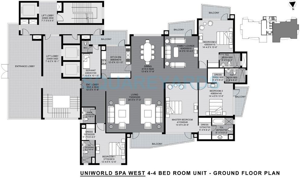 Floor plan of 4 BHK 4090 Sq. Ft. Apartment in Unitech The World Spa, Gurgaon