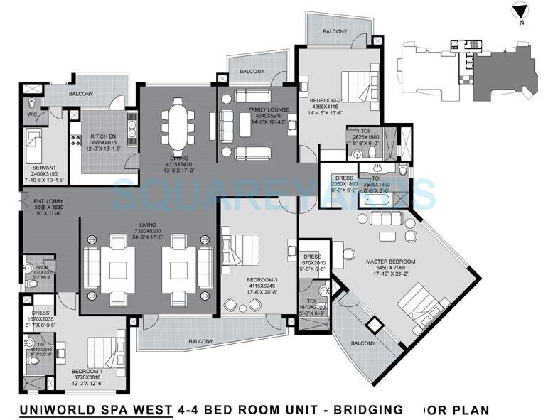 Floor plan of 4 BHK 4423 Sq. Ft. Apartment in Unitech The World Spa, Gurgaon