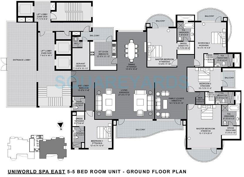 Floor plan of 5 BHK 4897 Sq. Ft. Apartment in Unitech The World Spa, Gurgaon