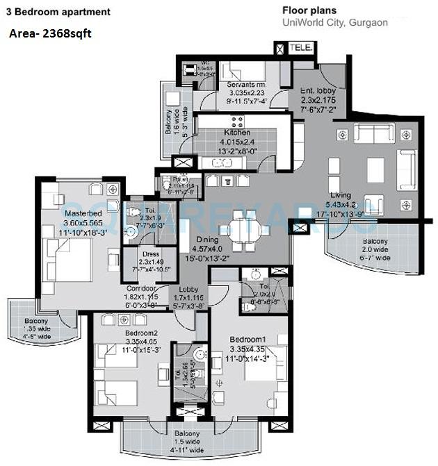 Floor plan of 3 BHK Apartment - 2368 sq. ft. in Unitech Uniworld City, Gurgaon