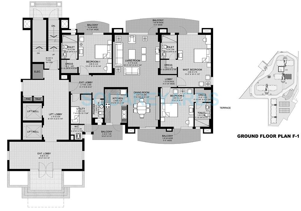 Floor plan of 3 BHK Apartment - 2700 sq. ft. in Unitech Uniworld City, Gurgaon
