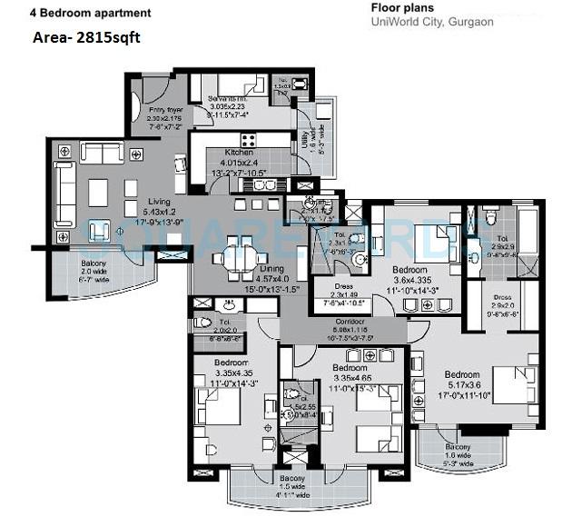 Floor plan of 4 BHK Apartment - 2815 sq. ft. in Unitech Uniworld City, Gurgaon