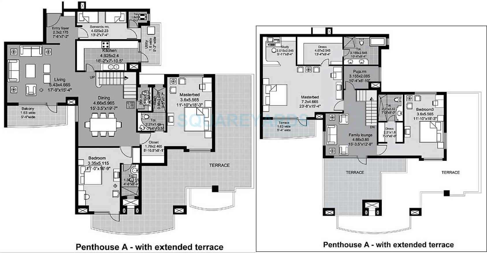 Floor plan of 4 BHK Penthouse - 3750 sq. ft. in Unitech Uniworld City, Gurgaon