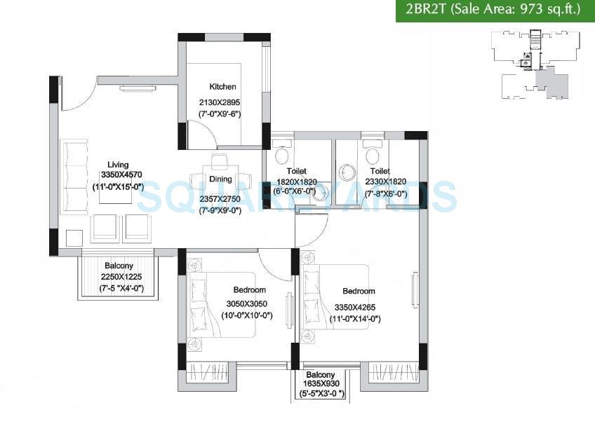 Floor plan of 2 BHK 973 Sq. Ft. Apartment in Unitech Uniworld Gardens, Gurgaon