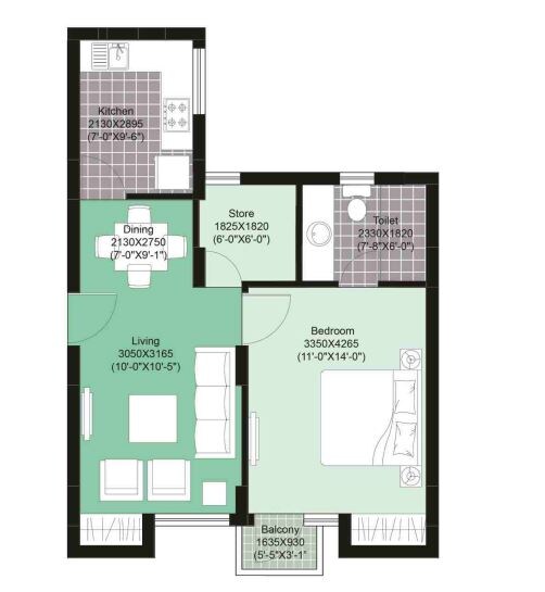 Floor plan of 1 BHK 719 Sq. Ft. Apartment in Unitech Uniworld Gardens 2, Gurgaon