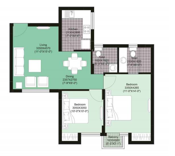 Floor plan of 2 BHK 937 Sq. Ft. Apartment in Unitech Uniworld Gardens 2, Gurgaon
