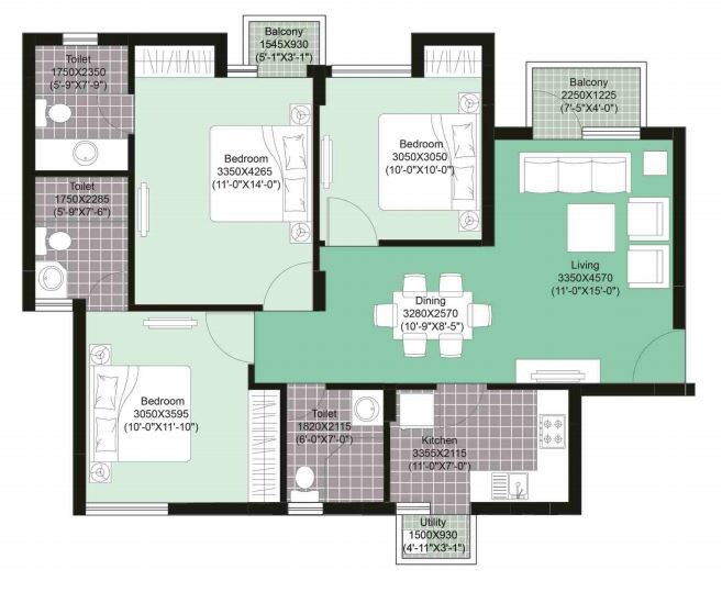 Floor plan of 3 BHK 1227 Sq. Ft. Apartment in Unitech Uniworld Gardens 2, Gurgaon