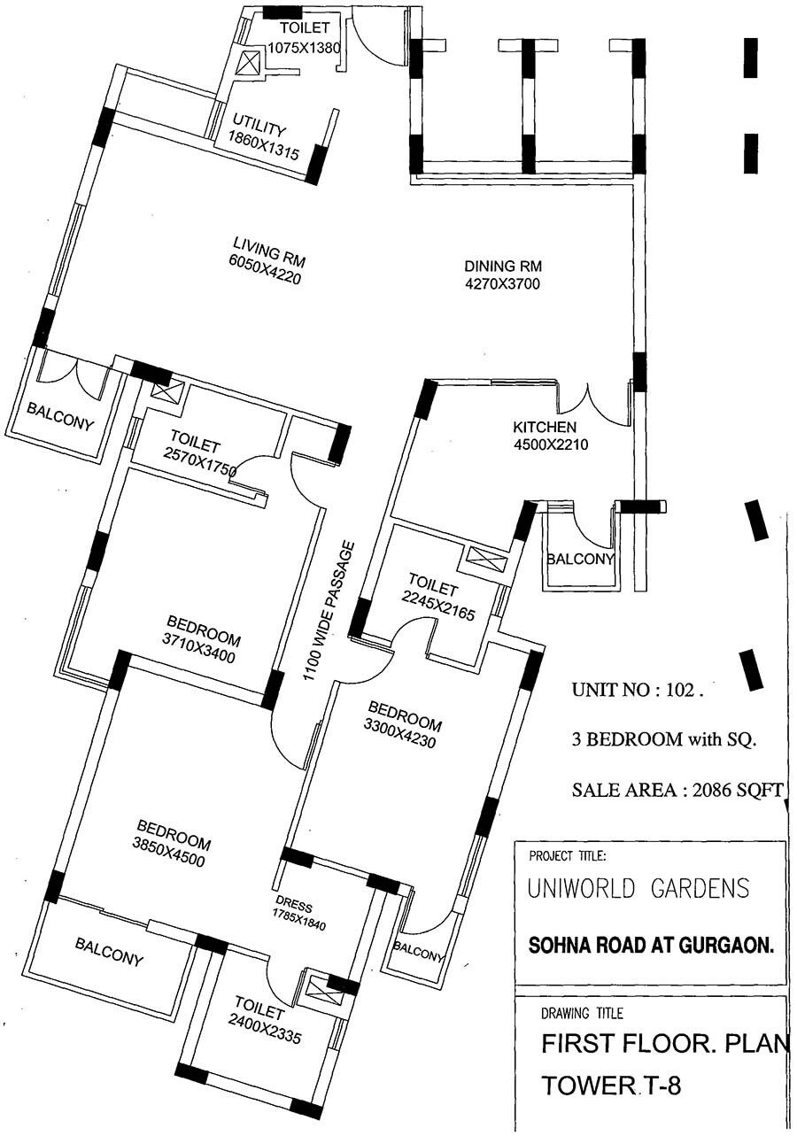Floor plan of 4 BHK 2086 Sq. Ft. Apartment in Unitech Uniworld Gardens, Gurgaon