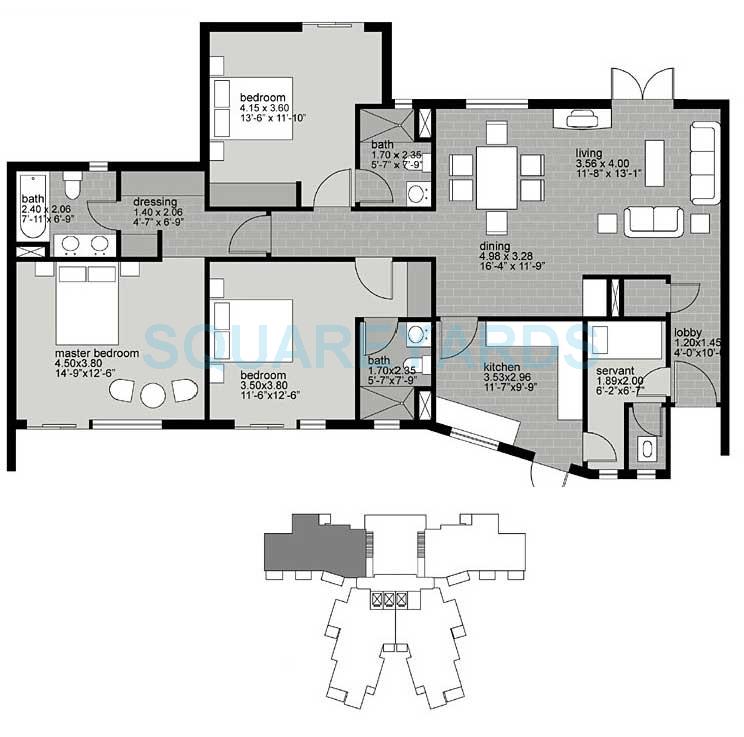 Floor plan of 3 BHK 1770 Sq. Ft. Apartment in Unitech Uniworld Gardens, Gurgaon