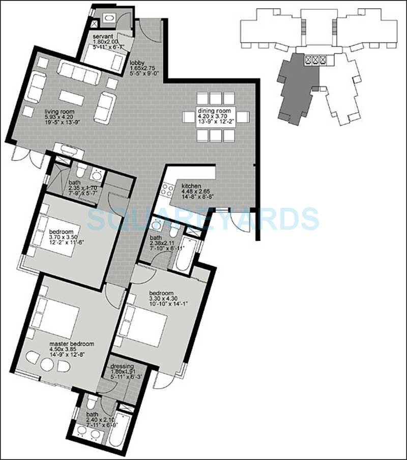 Floor plan of 3 BHK 1855 Sq. Ft. Apartment in Unitech Uniworld Gardens, Gurgaon