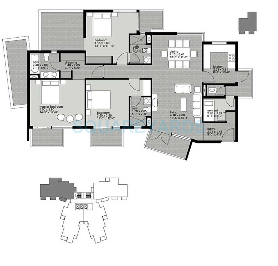 Floor plan of 3 BHK 1995 Sq. Ft. Apartment in Unitech Uniworld Gardens, Gurgaon