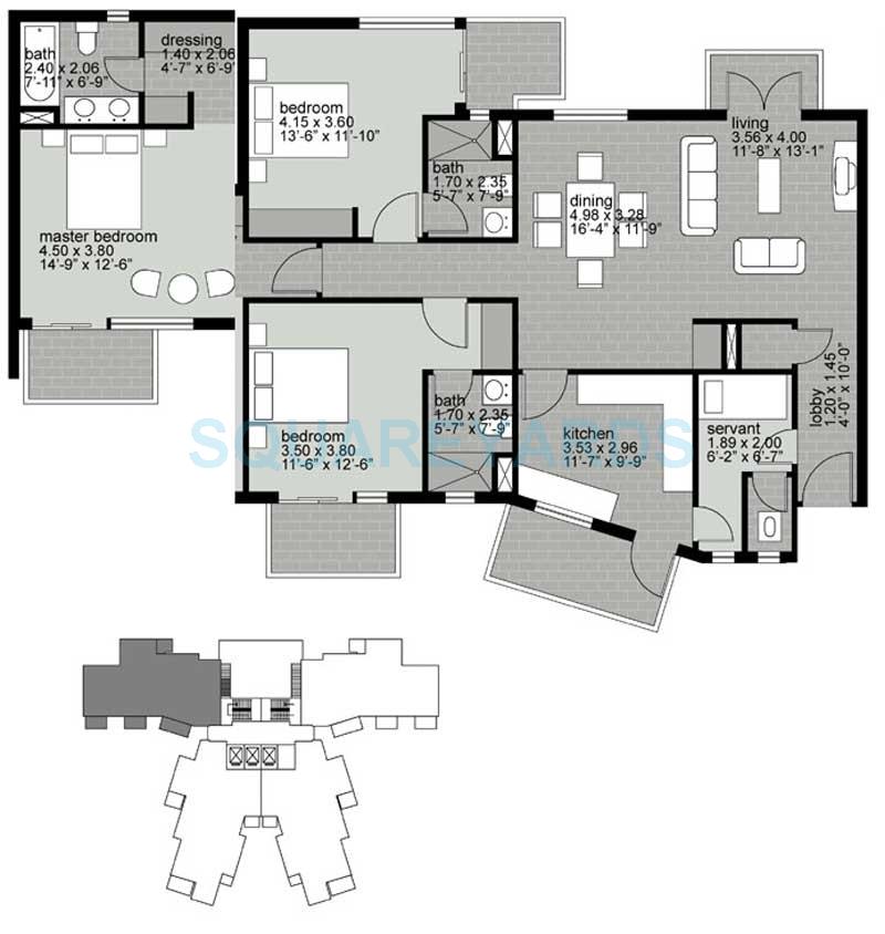 Floor plan of 3 BHK 2027 Sq. Ft. Apartment in Unitech Uniworld Gardens, Gurgaon