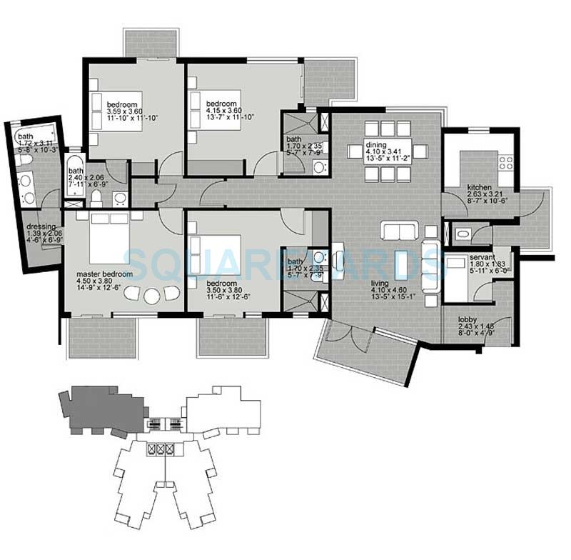 Floor plan of 4 BHK 2416 Sq. Ft. Apartment in Unitech Uniworld Gardens, Gurgaon
