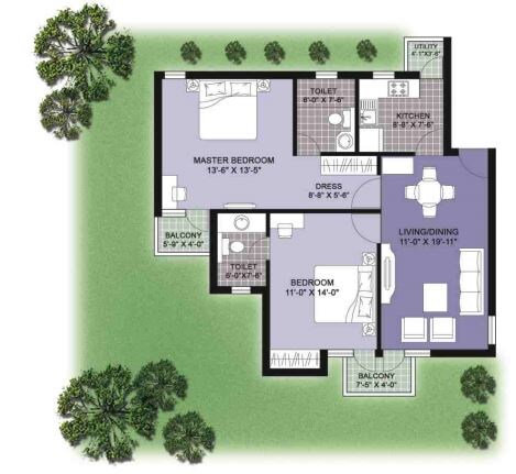 Floor plan of 2 BHK 1115 Sq. Ft. Apartment in Unitech Vistas, Gurgaon