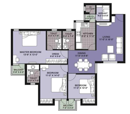 Floor plan of 3 BHK 1530 Sq. Ft. Apartment in Unitech Vistas, Gurgaon