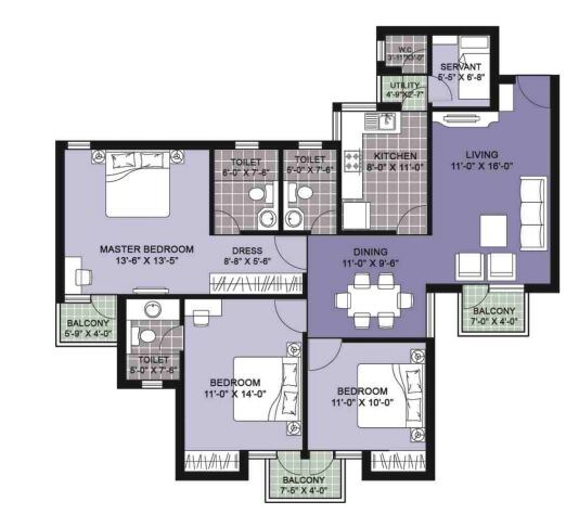 Floor plan of 3 BHK 1560 Sq. Ft. Apartment in Unitech Vistas, Gurgaon