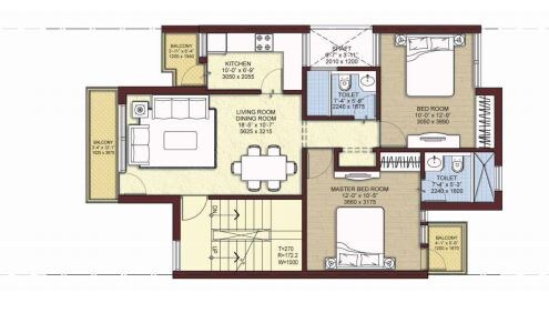 Floor plan of 2 BHK 942 Sq. Ft. Ind Floor in Unitech Woodstock Floors, Gurgaon