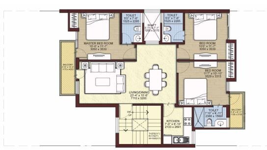 Floor plan of 3 BHK 1158 Sq. Ft. Ind Floor in Unitech Woodstock Floors, Gurgaon