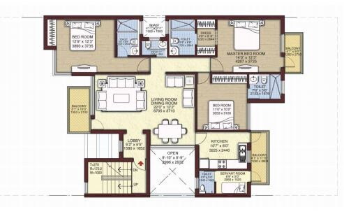 Floor plan of 3 BHK 1624 Sq. Ft. Ind Floor in Unitech Woodstock Floors, Gurgaon