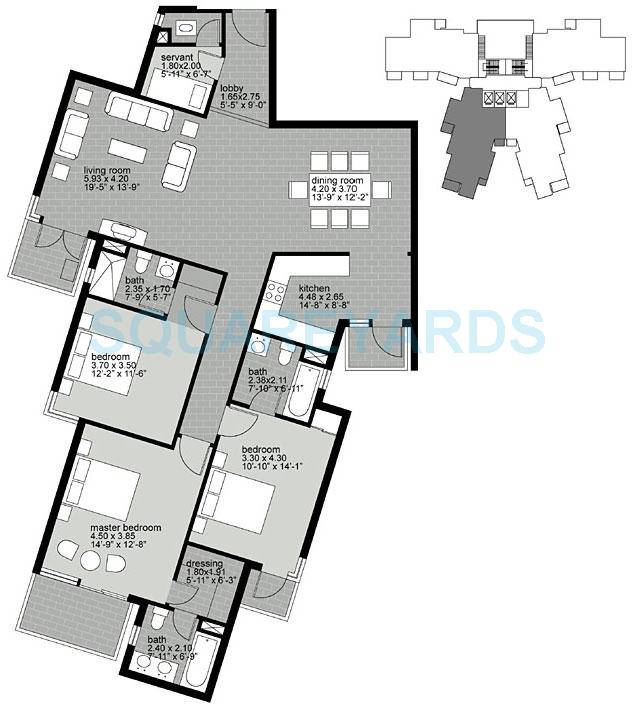 Floor plan of 3 BHK 2035 Sq. Ft. Apartment in Unitech Uniworld Gardens, Gurgaon
