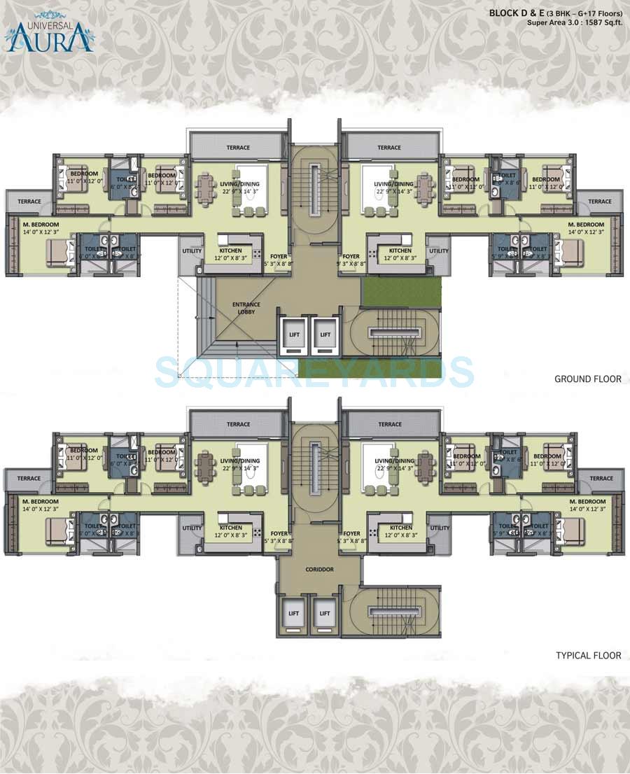 Floor plan of 3 BHK 1587 Sq. Ft. Apartment in Universal Aura, Gurgaon