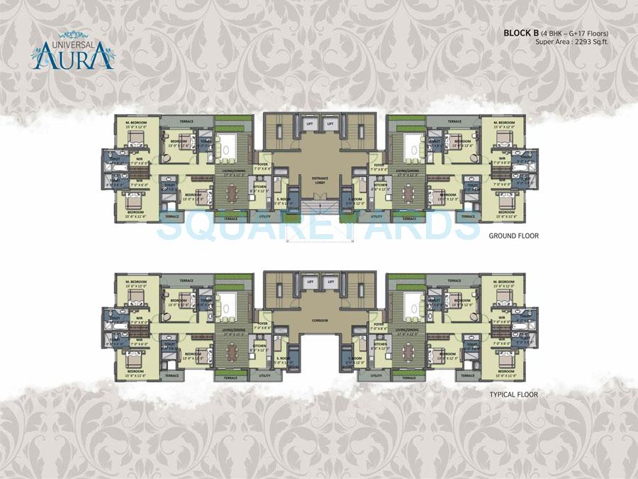 Floor plan of 4 BHK 2293 Sq. Ft. Apartment in Universal Aura, Gurgaon