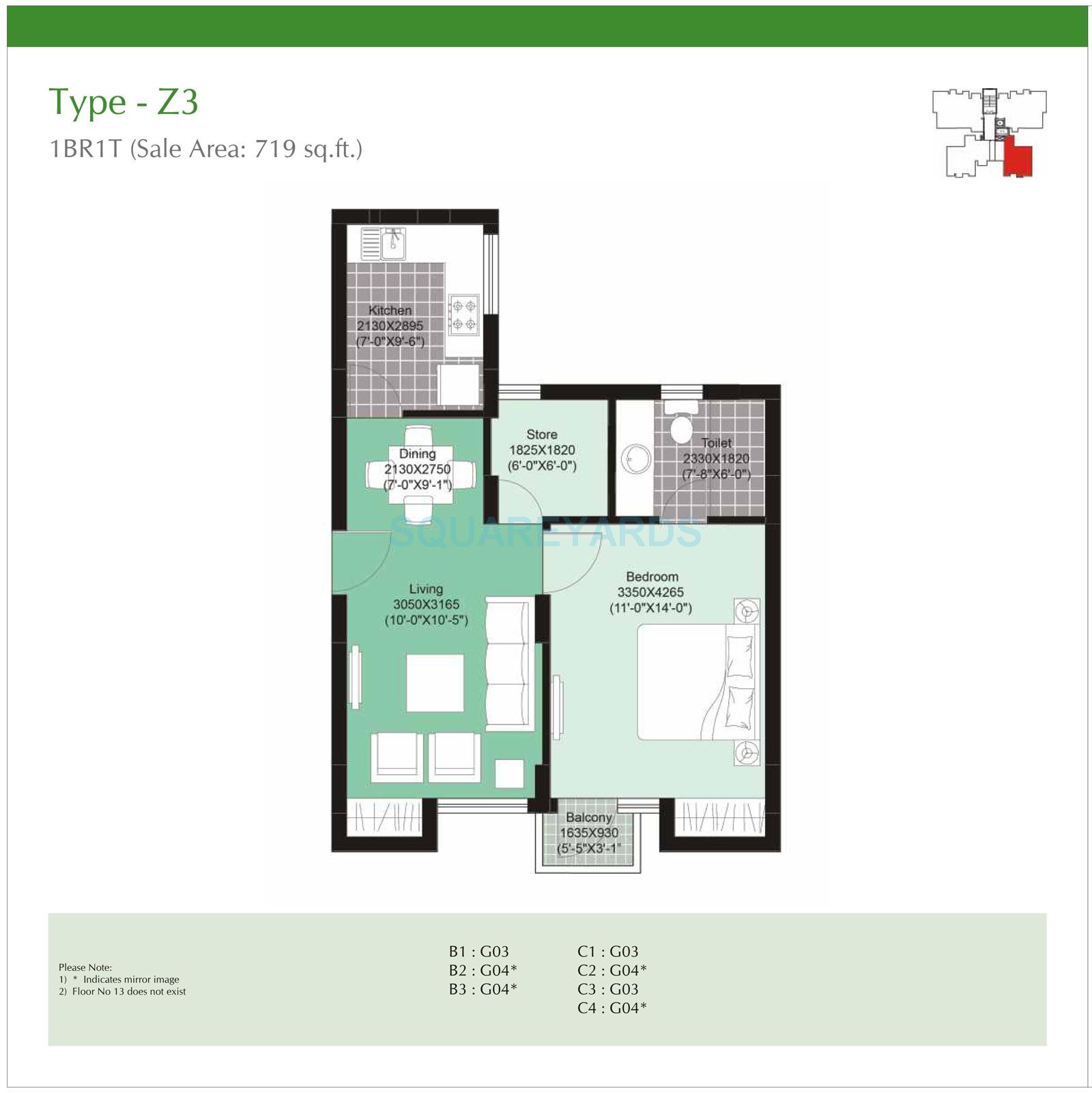 1 BHK 719 Sq. Ft. Apartment in Unitech Uniworld Gardens II