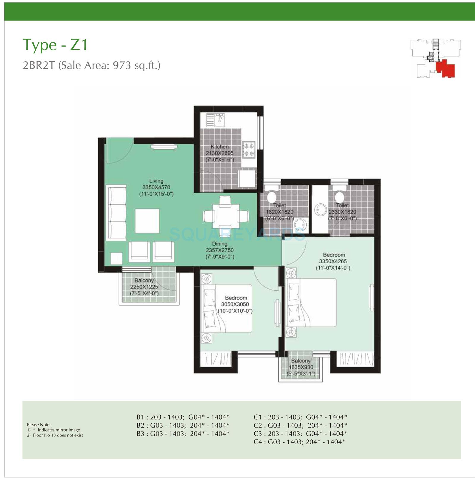 Unitech Uniworld Gardens II 2 BHK Layout