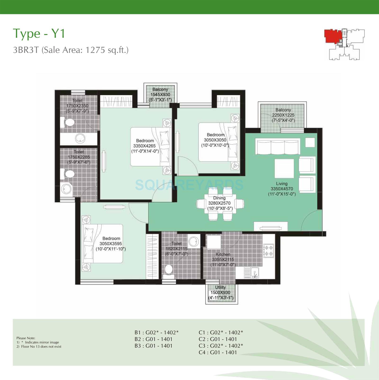 Unitech Uniworld Gardens II 3 BHK Layout