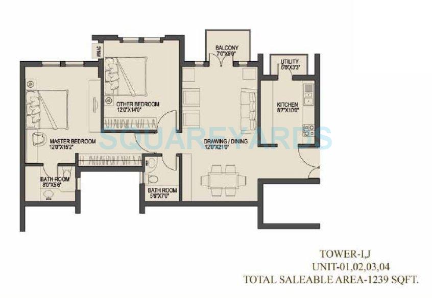 Floor plan of 2 BHK 1239 Sq. Ft. Apartment in Uppals Canary Homes, Gurgaon