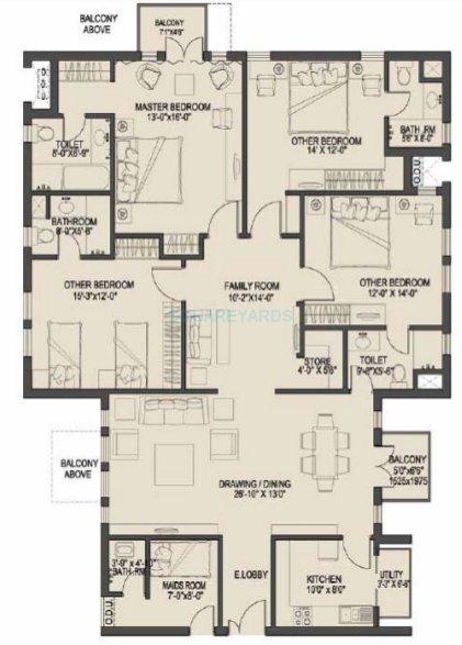 Floor plan of 4 BHK 2343 Sq. Ft. Apartment in Uppals Canary Homes, Gurgaon