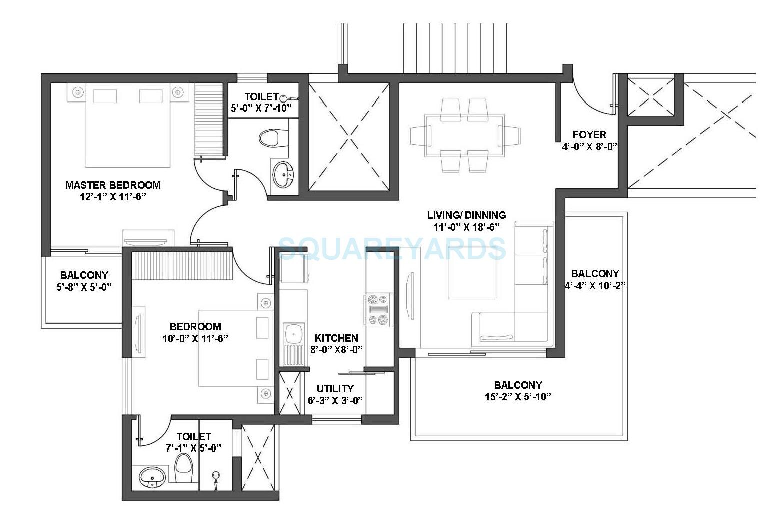 Floor plan of 2 BHK 1185 Sq. Ft. Apartment in V Square Group Housing Project, Gurgaon