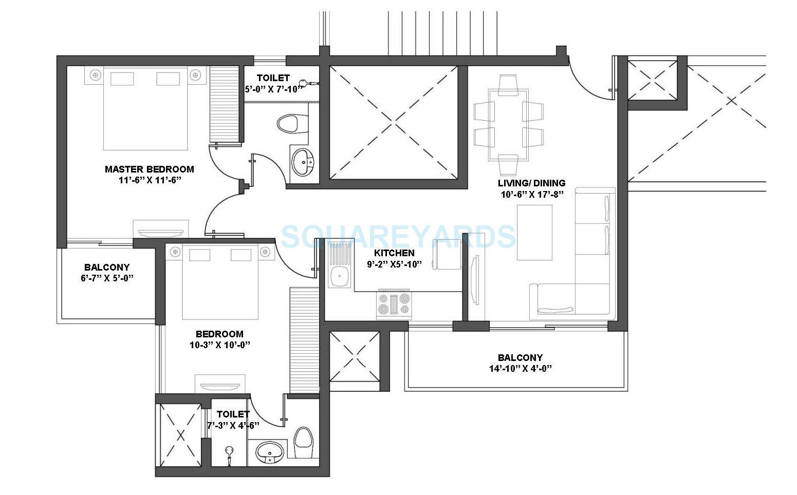 Floor plan of 2 BHK 985 Sq. Ft. Apartment in V Square Group Housing Project, Gurgaon