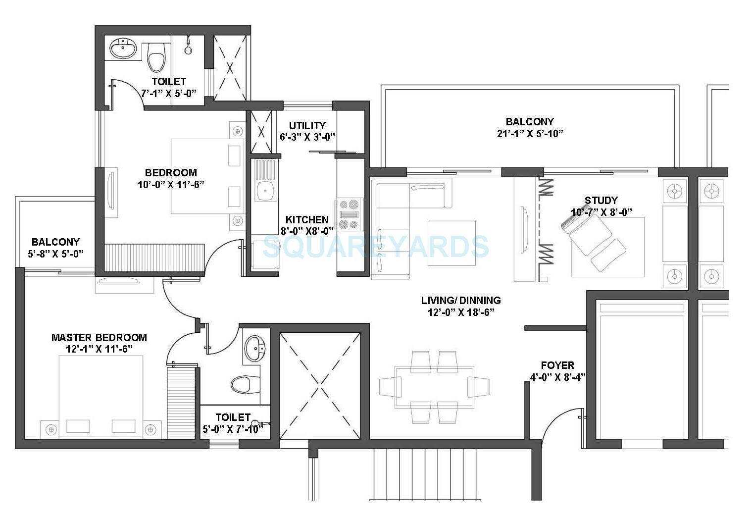 Floor plan of 2 BHK 1375 Sq. Ft. Apartment in V Square Group Housing Project, Gurgaon