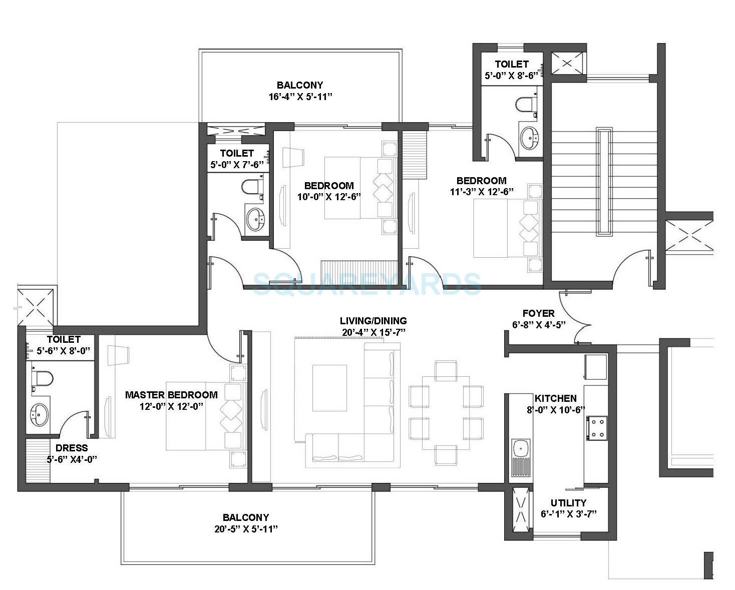 Floor plan of 3 BHK 1785 Sq. Ft. Apartment in V Square Group Housing Project, Gurgaon