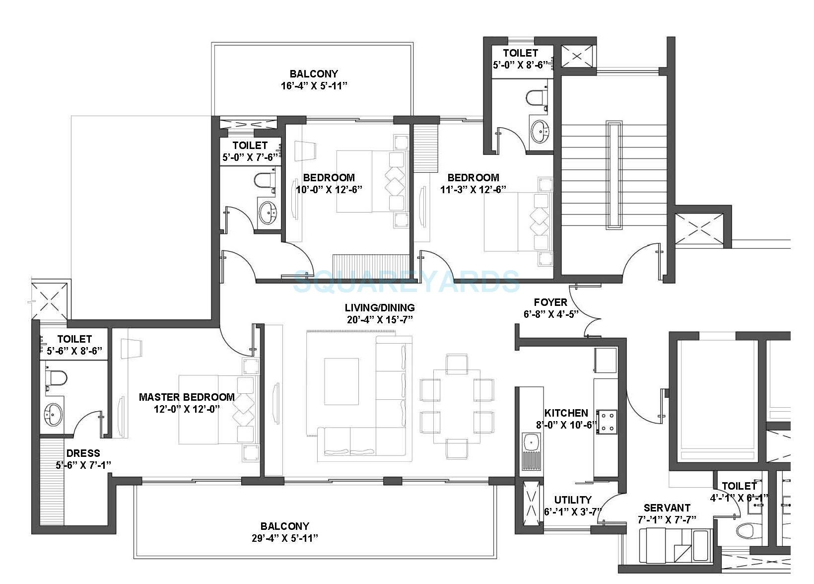 Floor plan of 3 BHK 2100 Sq. Ft. Apartment in V Square Group Housing Project, Gurgaon