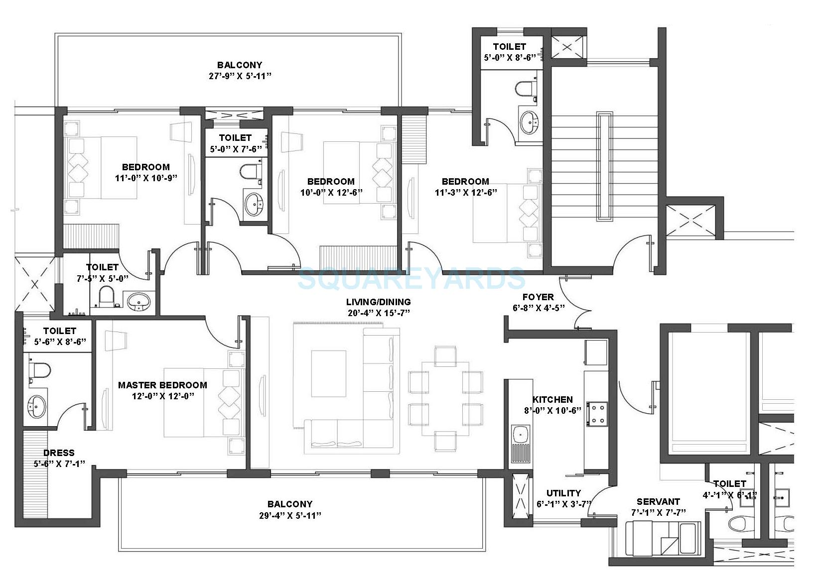 Floor plan of 4 BHK 2500 Sq. Ft. Apartment in V Square Group Housing Project, Gurgaon