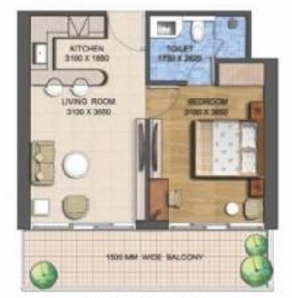 Floor plan of 1 BHK 550 Sq. Ft. Apartment in V Square Oodles Skywalk, Gurgaon