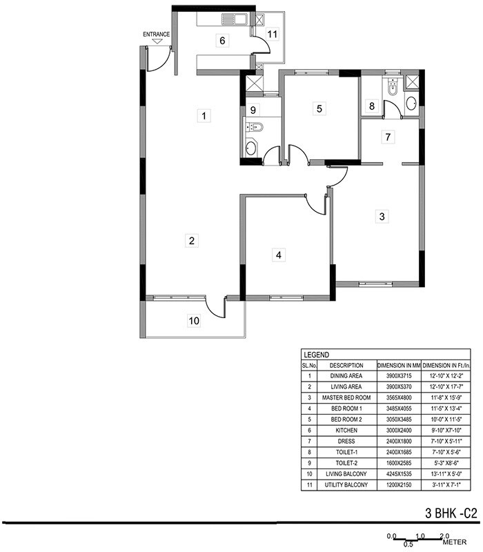 Floor plan of 3 BHK 1800 Sq. Ft. Apartment in Vatika Boulevard Heights and Residences, Gurgaon