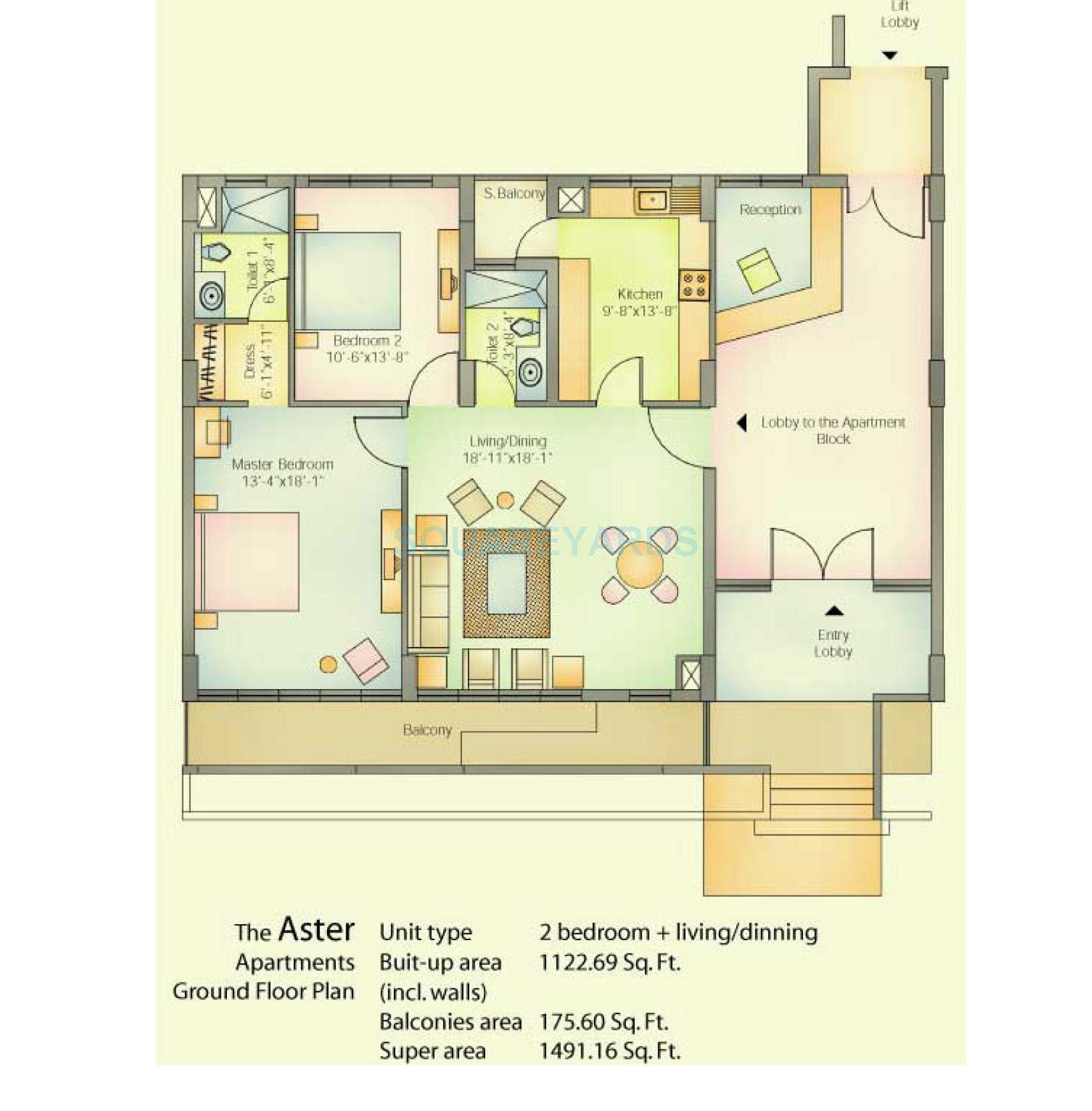 Floor plan of 2 BHK 1491 Sq. Ft. Apartment in Vatika City, Gurgaon