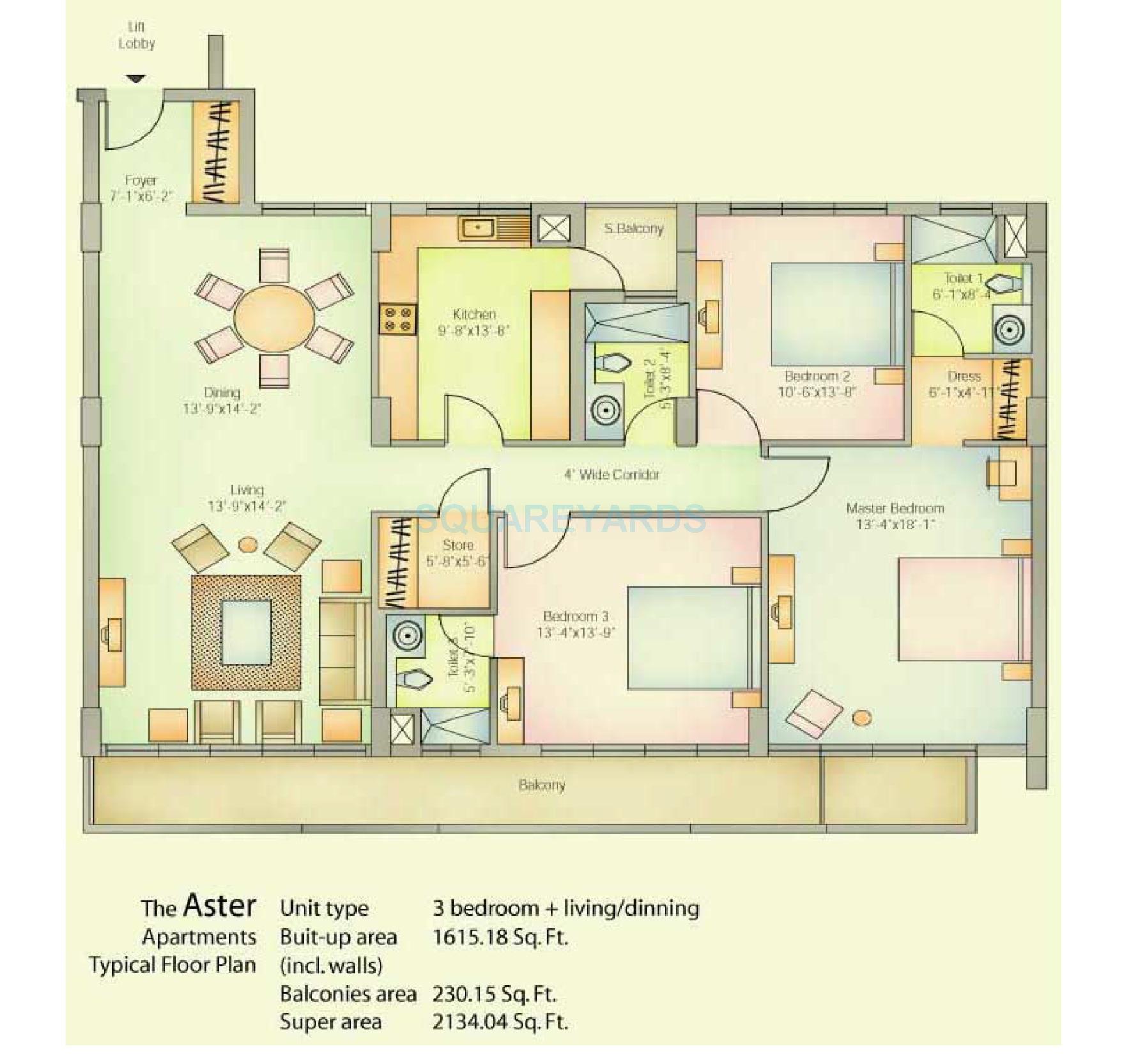 Floor plan of 3 BHK 2134 Sq. Ft. Apartment in Vatika City, Gurgaon