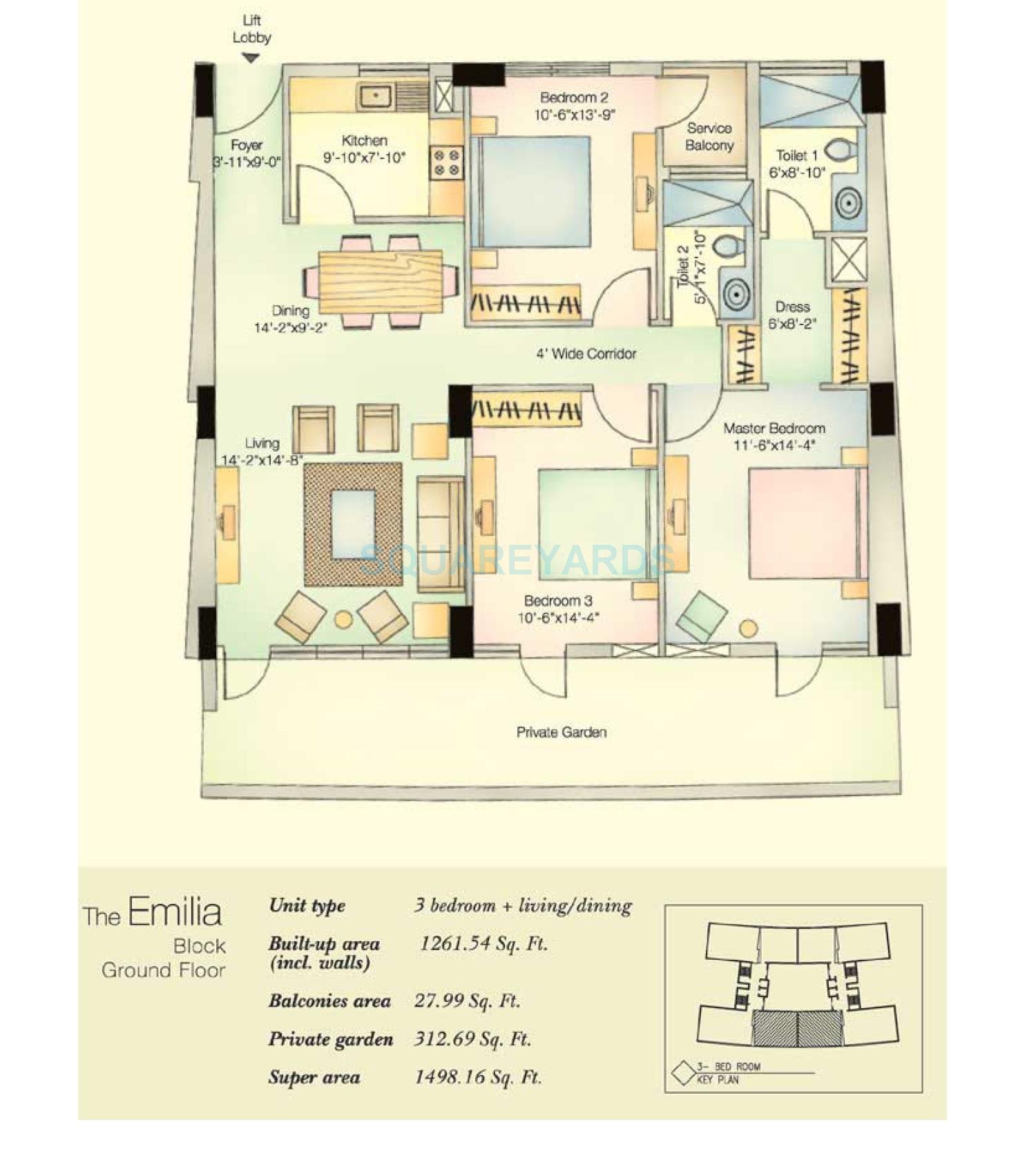 Floor plan of 3 BHK 1498 Sq. Ft. Apartment in Vatika City, Gurgaon