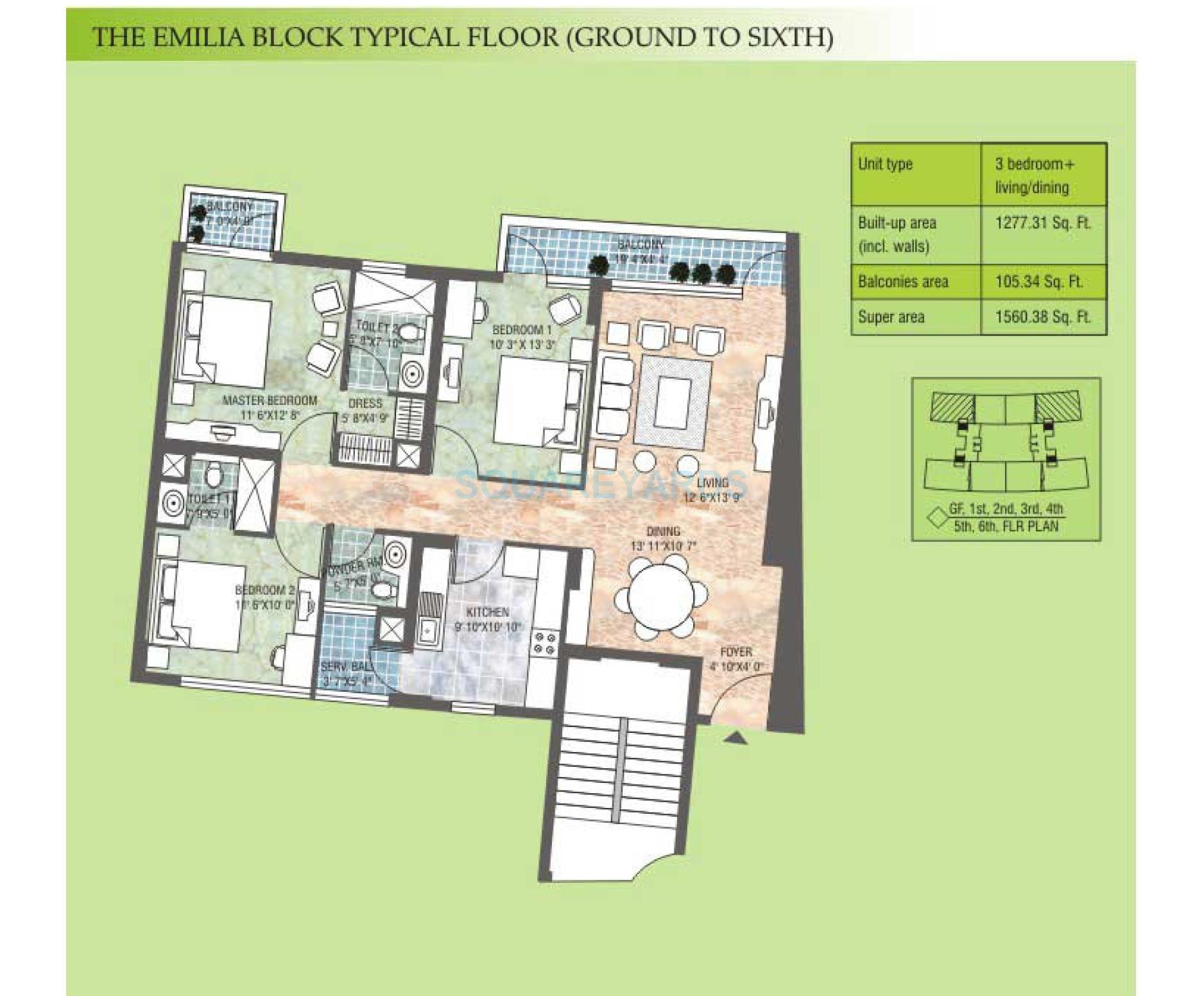 Floor plan of 3 BHK 1560 Sq. Ft. Apartment in Vatika City, Gurgaon