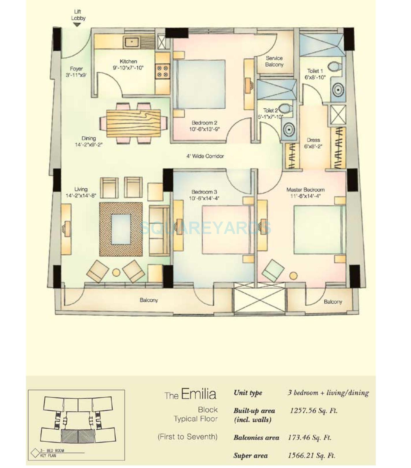 Floor plan of 3 BHK 1566 Sq. Ft. Apartment in Vatika City, Gurgaon
