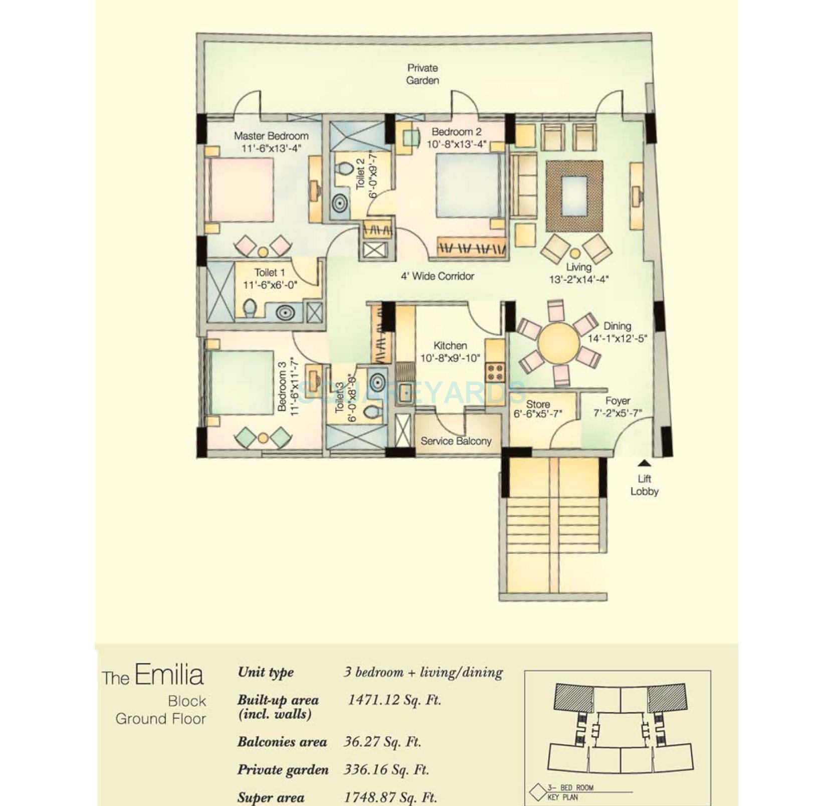 Floor plan of 3 BHK 1749 Sq. Ft. Apartment in Vatika City, Gurgaon