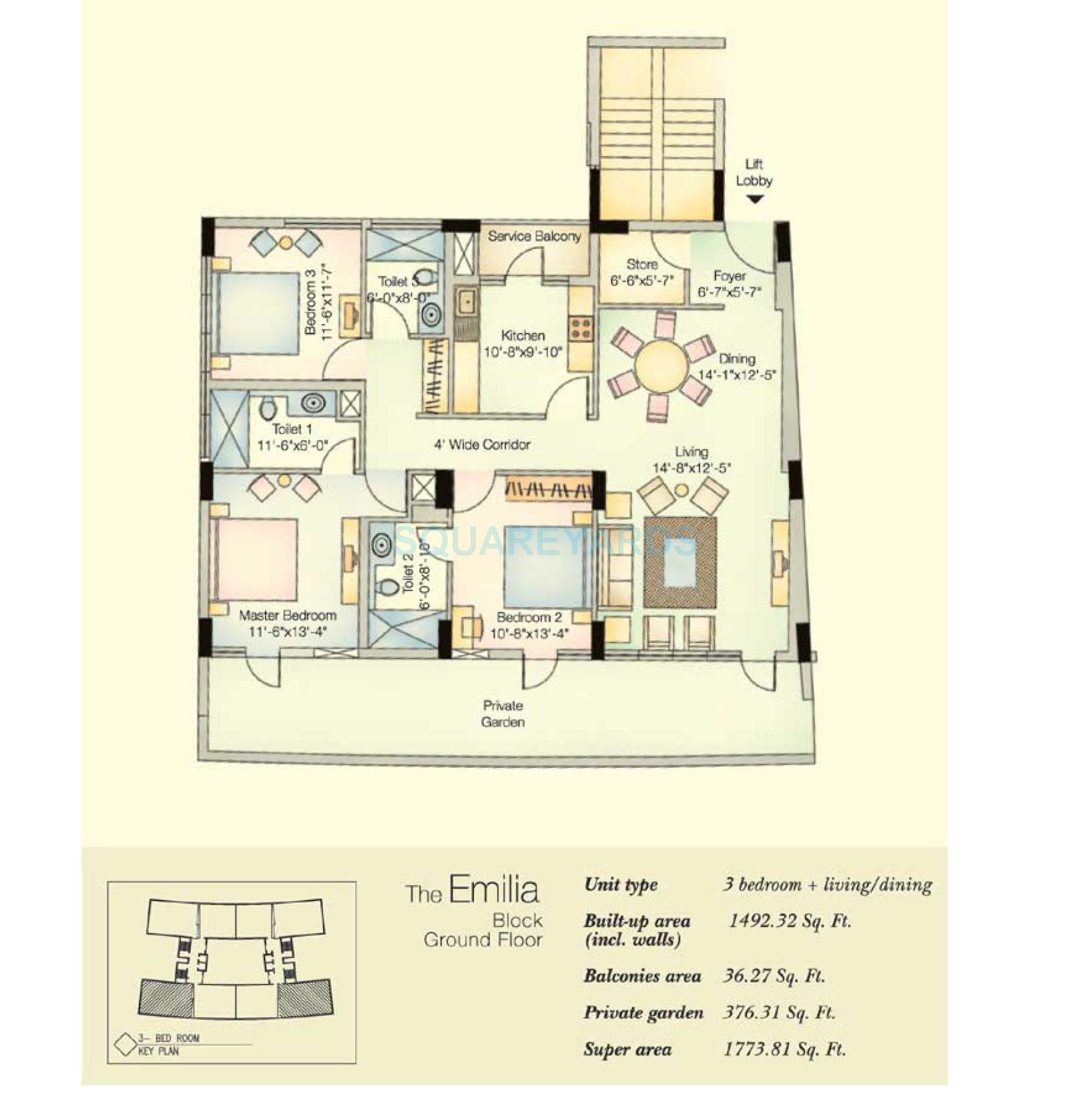 Floor plan of 3 BHK 1774 Sq. Ft. Apartment in Vatika City, Gurgaon