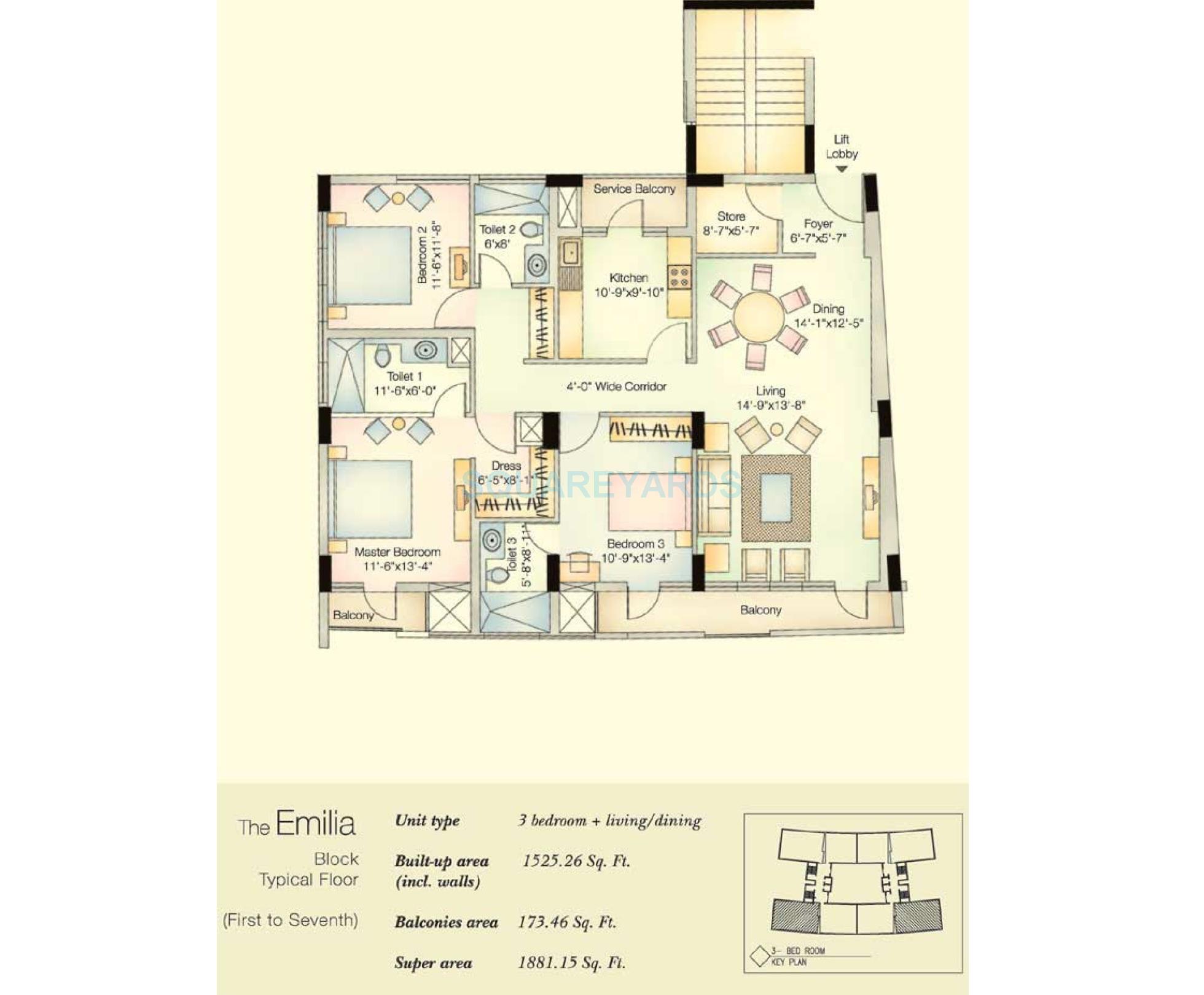Floor plan of 3 BHK 1881 Sq. Ft. Apartment in Vatika City, Gurgaon