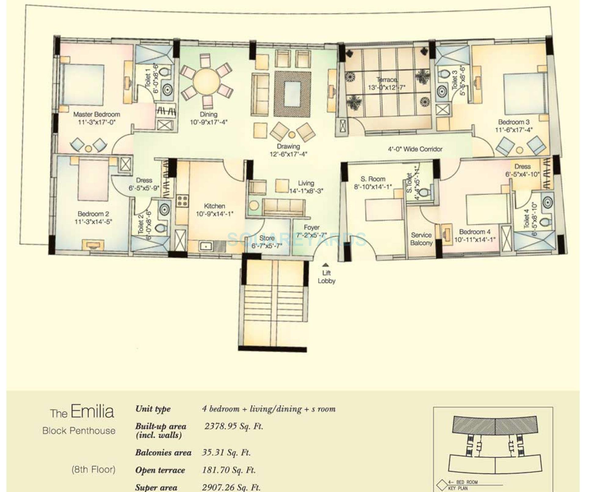 Floor plan of 4 BHK 2907 Sq. Ft. Penthouse in Vatika City, Gurgaon